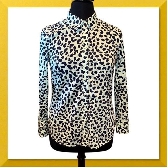 TALBOTS CLASSIC COTTON SHIRT - GRAPHIC CHEETAH Women’s Large - Mint Green/Navy - Picture 2 of 15